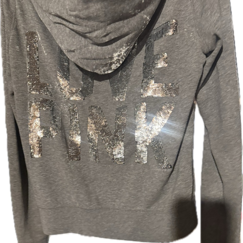 Gray LOVE PINK Hoodie with Sequin Lettering and silver snake print inside hood